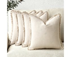 Set van 4 decoratieve linnen sierkussenhoezen met franjes. Gezellige boho-stijl kussenhoes met kwastjes. Zachte sierkussenhoes voor bank, fauteuil, bed, woonkamer en andere woonaccessoires,Beige,30*50cm