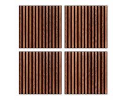 Set van 4 Decoratieve Wandpanelen 60 x 60 cm – MDF Wanddecoratie Donkerbruin Walnoot/Houtlook met Zwarte Latten – Moderne 3D Lattenwand Look – Panelen Wandtegels voor Woonkamer, Slaapkamer, Hal & Kantoor (4 stuks)