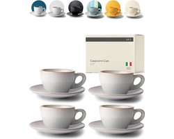 Set van 4 dikwandige koffiekopjes met schotels, grijze kleur, handgemaakt aardewerk