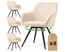Set van 4 Draaistoelen TURNO met Armleuningen / Eetkamerstoelen / Gestoffeerde Stoelen / Fluwelen Stoelen en Metalen Poten / Beige met zwarte benen