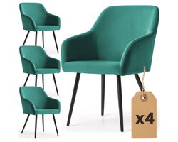 Set van 4 Eetkamerstoelen ESTELLE met Armleuningen / Gestoffeerde Stoelen / Fluwelen Stoelen en Metalen Poten / Flesgroen met zwarte benen