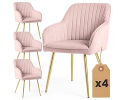Set van 4 Eetkamerstoelen FLORENCE met Armleuningen / Gestoffeerde Stoelen / Fluwelen Stoelen en Metalen Poten / Poederroze met gouden benen