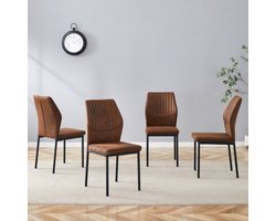 [Set van 4] Eetkamerstoelen in een lichtgewicht luxe stijl: Bruine technische stoffen rugleuning met verticale reliëf + zwarte metalen poten. Geschikt voor eetkamers of woonkamers met een modern, lichtgewicht en luxe design.