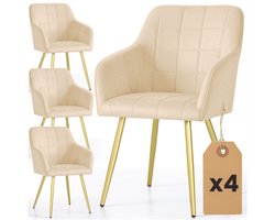 Set van 4 Eetkamerstoelen LUXANO met Armleuningen / Gestoffeerde Stoelen / Fluwelen Stoelen en Metalen Poten / Beige met gouden benen