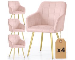 Set van 4 Eetkamerstoelen LUXANO met Armleuningen / Gestoffeerde Stoelen / Fluwelen Stoelen en Metalen Poten / Poederroze met gouden benen