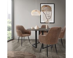 Set van 4 eetkamerstoelen met rugleuning & armleuningen in bruin kunstleer met metalen poten ML-Design