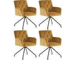 Set van 4 eetkamerstoelen met ruitpatroon, gestoffeerde fauteuil met 4 metalen poten, moderne loungestoel, stoel voor woonkamer, slaapkamer, studeerkamer en bureau, gemaakt van spons en fluweel, geel