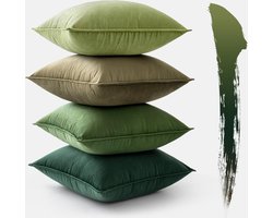 Set van 4 Fluwelen Kussenhoezen – 40x40 cm – Kussen Hoes Groen – Sierkussens & Bankkussens – Decoratieve Kussenhoezen met Omwikkelde Rand – Voor Bank, Woonkamer & Slaapkamer – Luxe Woonaccessoires