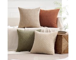 Set van 4 geribbelde kussenslopen van katoen, decoratieve kussenhoezen 45x45 cm, moderne bankkussens voor woonkamer en slaapkamer, bruin-groene kleur met onzichtbare rits