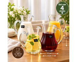 Set van 4 Glazen Karaffen / Schenk kannen – 500 ml – Voor Water, Wijn, Melk, Sap, Frisdrank, Sauzen en Dressings – Transparant Glas