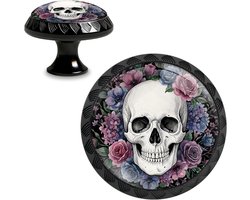 Set van 4 gotische bloemen schedel kastknoppen - Acryl ronde ladeknoppen voor dressoir, keuken en kledingkast deurgrepen