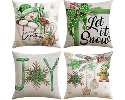 Set van 4 Groene Kerst Kussenhoezen 45x45cm - Winter Kerst Decoratieve Kussenhoezen voor Bank Woonkamer Feestdecoratie (Groen - Sneeuwman en Peperkoekman)