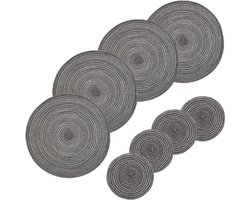Set van 4 grote ronde placemats en 4 kleine onderzetters - Grijs gevlochten - 36cm/18cm - Voor binnen en buiten - Eettafel decoraties