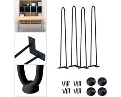 Set van 4 hairpin legs, tafelpoten, metaal, zwart, tafelpoten, meubelpoten met vloerbeschermers en schroeven, doe-het-zelf tafelpoten voor eettafel, bureau, kruk, kast, 15 cm, 2 stangen