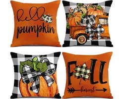 Set van 4 Halloween Decoratie Herfst Kussenhoezen (45x45cm) Bankkussens Garland Herfstbladeren Linnen Kussenhoes Herfstkussen voor Slaapkamer, Woonkamer