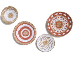 Set van 4 Handgeweven Rotan Wanddecoratie Borden - Ronde Vlechtwerk Manden voor Woonkamer en Slaapkamer
