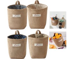 Set van 4 - Hangtas - Mini opbergtas - Kleine linnen tas - Opbergvak - Wandgemonteerde opbergmand -12*10*13,5 cm-Bruin - Met handvat- Geschikt voor het opbergen van sleutels, speelgoed en cosmetica - Geschikt voor deuropeningen, muren en nachtkastjes