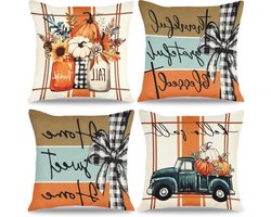 Set van 4 Herfst Kussenhoezen 45x45cm met Pompoen en Esdoornblad - Decoratieve Kussens voor Halloween en Thanksgiving, Zachte Linnen Kussens