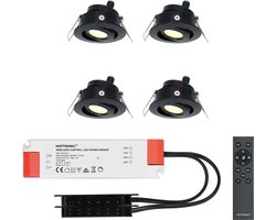 Set van 4 HOFTRONIC Sienna - LED Inbouwspot voor veranda, overkapping en badkamer - Zwart - 12 volt - Incl. afstandsbediening - Dimbaar en kantelbaar - 3 Watt 200 lumen - Zaagmaat: Ø 44 mm - extra plat 30mm - 2700K Warm wit - IP44 waterdicht