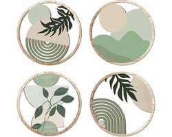 Set van 4 Houten Boho Wanddecoratie in Groene Kleuren, Vintage Moderne Wanddecoratie voor Woonkamer en Slaapkamer