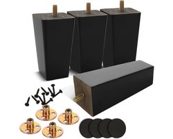 Set van 4 houten meubelpoten - 15 cm - Zwart - Voorgeboorde bouten - Montageplaten - Rubberen dopjes en schroeven - Voor bank, bed, kast, poef