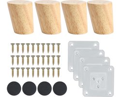 Set van 4 houten meubelpoten 6 cm met montageplaat, schroeven en antislipmat, kantelpoten voor bank, bed, kast, tafels en stoelen