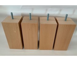 Set van 4 houten meubelpoten Natuurkleur beuken 16 cm hoogte 7x7 cm met M8 draadeinde Boxspring bedden banken