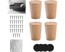Set van 4 Houten Tafelpoten van 6 cm, Ronde Meubelpoten met Rubber Pads, Inclusief Montageplaten en Schroeven voor Sofa, Kast en Bed