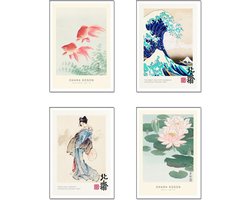 Set van 4 Houten Wanddecoratie met Oosterse/Aziatische Fotoprints voor Woonkamer of Slaapkamer