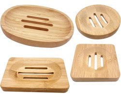 Set van 4 houten zeepbakjes voor in de badkamer - Houten zeepbakje - Natuurlijk bamboe - Zeepbakje - Voor douche - Badkamer - Keukengootsteen - Vierkant - Rond - Ovaal - Rechthoekig