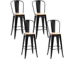 Set van 4 industriële barkrukken met rugleuning, voetensteun, zithoogte 76 cm, metaal, zwart, meerlaagse panelen, imitatie licht hout