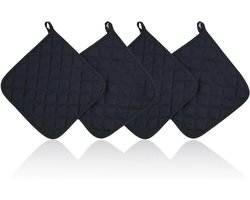 Set van 4 katoenen pannenlappen met antislip - 4-delige set met tas - 17 x 17 cm - wasbaar - geschikt voor ovens, keuken en bakken - zwart.