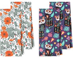 Set van 4 Katten Keukenhanddoeken van 100% Katoen - Absorberende Theedoeken van 45 x 70 cm voor Schoonmaak en Keukengebruik