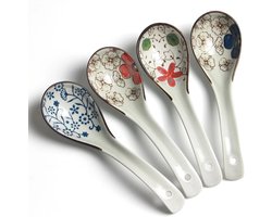 Set van 4 keramische lepels met patroon, Japanse soeplepels van porselein, lange handvatten, Aziatische soeplepels