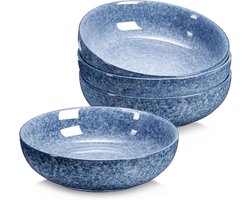 Set van 4 keramische saladeschalen Ø 21.5 cm, 1.2 L grote serveerschalen van premium porselein (marmerblauw) voor dagelijks gebruik en feesten