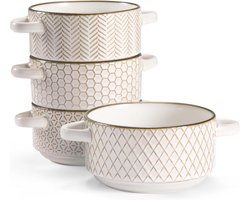Set van 4 Keramische Soepkommen met Handvatten en Reliëf, Cr lme Kleur