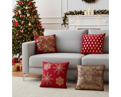 Set van 4 Kerst Kussenhoezen | 45 X 45 cm | Kussenhoes | Kussenhoesjes | velvet | met rits | Wit en rood