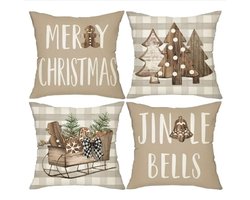 Set van 4 Kerst Kussenhoezen 45x45 cm – Beige & Houtlook – Merry Christmas, Jingle Bells, Kerstboom & Slee – Warme Landelijke Kerstdecoratie