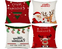 Set van 4 Kerst Kussenhoezen 50x50 cm, Decoratieve Kussens met Kerstcartoons voor de Bank
