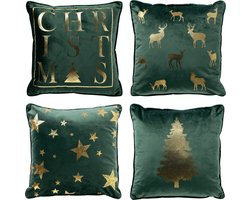 Set van 4 kerst sierkussens - groen - goud - 1x CHRISTMAS - 1x STARS - 1x DEER - 1x TREE - inclusief polyester vulling - zachte stoffen - sfeerkussens - Dutch Decor