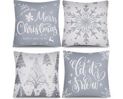 Set van 4 Kerstkussenhoesjes, Kerstkussensloop, Kerst kussenovertrek voor kerstdecoratie, 45 x 45 cm, bank accessoires (grijs)