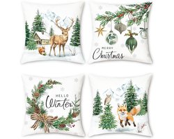 Set van 4 Kerstkussenslopen 45x45 cm – Winterdesign met Dennenbomen, Kerstballen, Rendier en Vos – Decoratieve Sierkussens voor Bank, Slaapkamer en Woonkamer