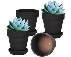 Set van 4 kleine zwarte plastic plantenpotten met afvoergat en schotels - Geschikt voor binnen en buiten - Ideaal voor vetplanten