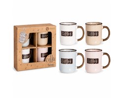 Set van 4 Koffiemokken – Steengoed Mokken 200 ml – Coffee Mokken in 4 Kleuren – Met Gegraveerde Tekst & Metallic Glazuur – In Kraft Geschenkdoos