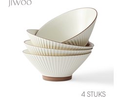 Set van 4 kommen (20cm / 1000ml)-Ramenkom,soepkom,pastakom,slakom-Hoogwaardig keramiek-Reliefstrepen-Antislip-Thuis,restaurant,picknick-Magnetron-vaatwasserbestendig