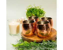Set van 4 koperen bierpul gehamerd met nikkel binnenkant en messing handvat (400 ml per stuk)
