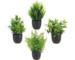 Set van 4 kunstplanten in potten, net als echte planten, kleine nep-plantjes voor binnendecoratie, geschikt voor woonkamer, badkamer, kantoor en tafeldecoratie, Zwart