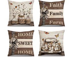 Set van 4 Kussenhoezen - 45 x 45 cm - Bruin Bloemig Linnen - Decoratieve Kussenhoezen voor Slaapkamer - Bank - Bed