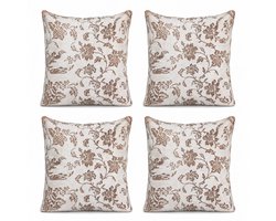 Set van 4 Kussenhoezen 45x45 cm | Beige Multicolor Bloemenprint | Katoenen Canvas Kussenhoes | Digitale Print Cushion Covers | Sierkussens voor Woonkamer