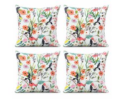 Set van 4 Kussenhoezen 45x45 cm | Lichtblauw Multicolor Bloemen- & Vogelprint | Katoenen Canvas Kussenhoes | Digitale Print Cushion Covers | Sierkussens voor Woonkamer